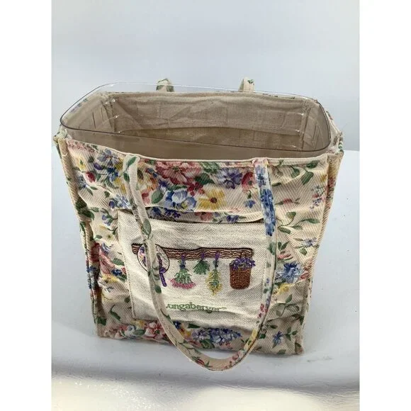 LONGABERGER HOMESTEAD Lined Tote Bag Ivory Color Floral With Embroidered Pocket - Picture 2 of 14